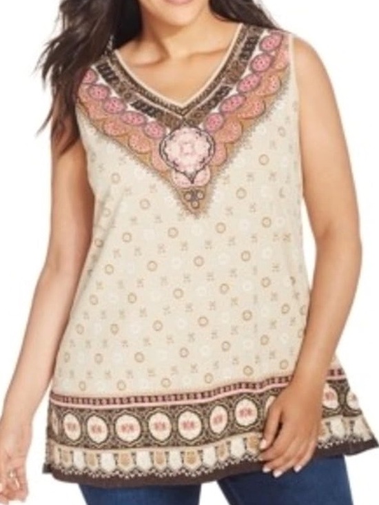 Charter Club Tops - Charter Club Cream/Pink/Brown Boho Print Sleeveless V-Neck Tank/Blouse - Size 2X